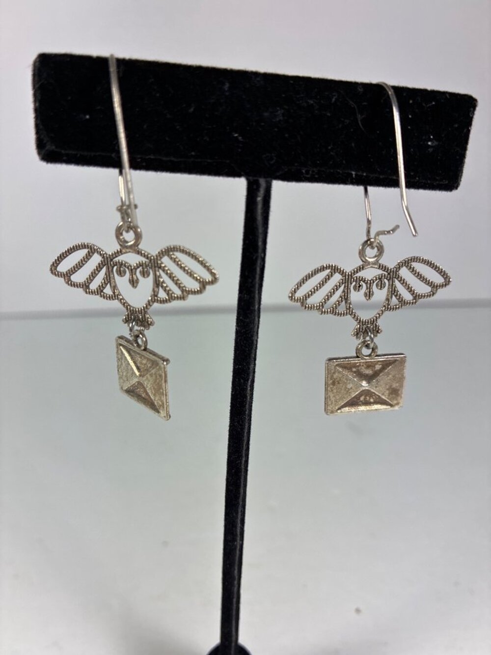 Owl & Letter Dangle Earrings Silver Tone Pierced Wire Whimsical Bookish Jewelry - Picture 3 of 6